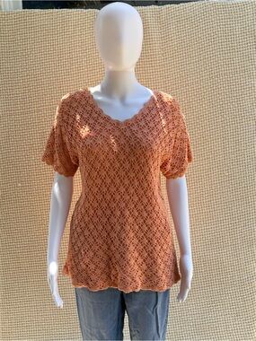 Coastal Grandma Crochet Cotton V-Neck Short Sleeve Top Peach (m)